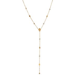 שרשרת נופלת מוזהבת עם תליוני חמסה ואבני קריסטל